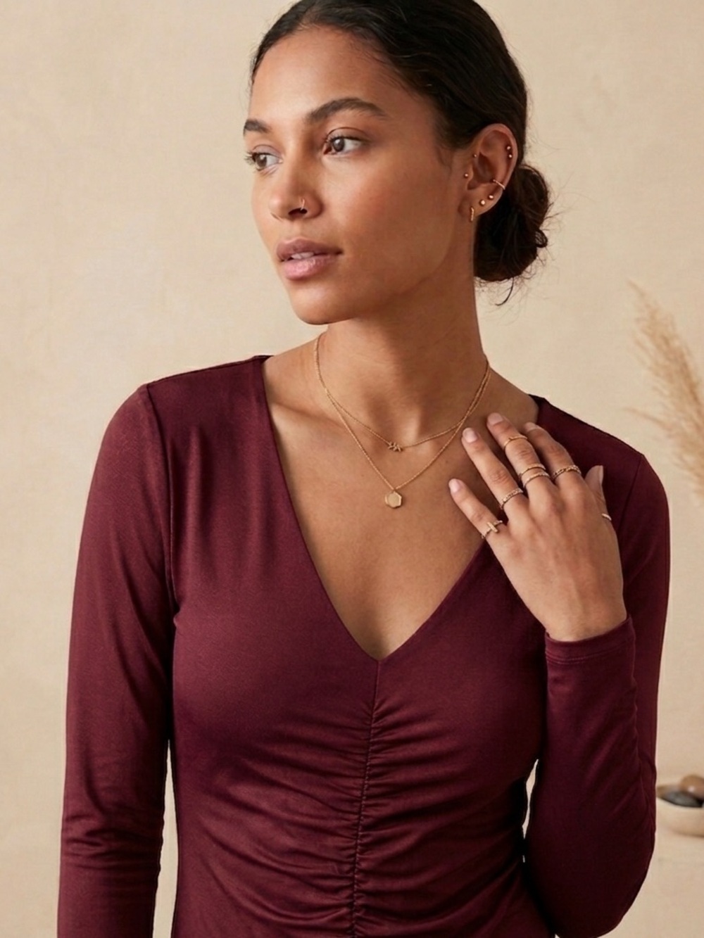 A New Day burgundy Ruched Long Sleeve Bodysuit